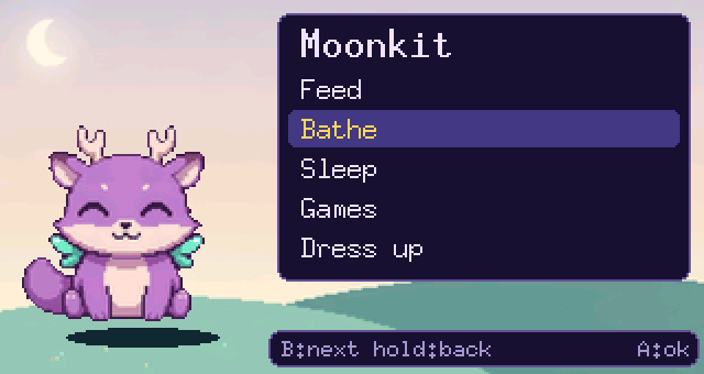 The menu: Feed, Bathe, Sleep, Games, Dress up